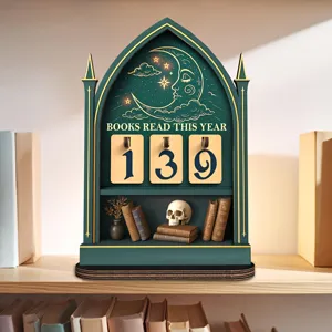 Wooden reading tracker detail view, gothic arch design with moon and star carvings for desk.