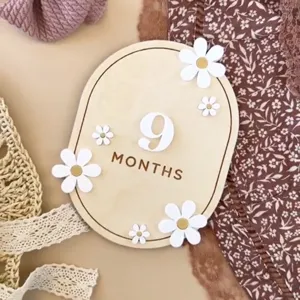 Wooden baby milestone card with daisy decor, 9 months newborn photography prop sign.