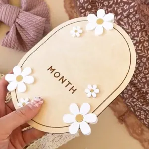 Wooden baby milestone plaque newborn monthly card with white daisy photography props