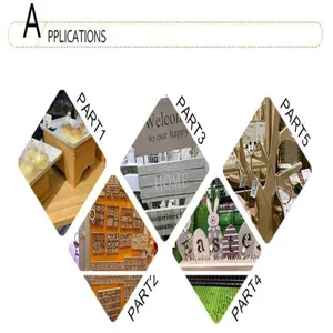 Houten handwerk toepassing detail met verschillende decoratieve borden en houten letters.