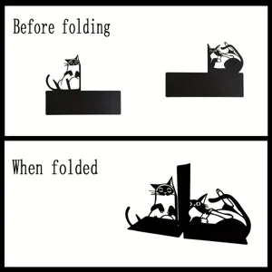 Black metal cat bookends, folding shelf bracket, creative desktop animal decor ornament.