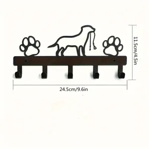 Gancio da parete per cani in metallo nero con 5 ganci, impronta di zampa e cucciolo decoro.