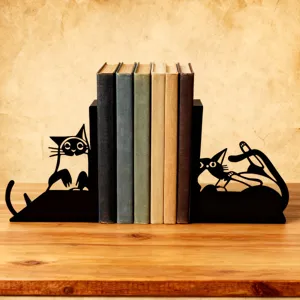 Metal cat bookends black hollow animal book stand desktop decor for home and office storage.