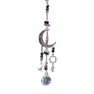 Ornamento sospeso acchiappasole in cristallo con pietra naturale viola luna e sole per decorazione.