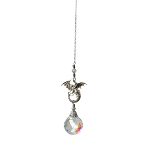 Retro crystal sun catcher with a detailed dragon pendant and faceted prism ball for decor.