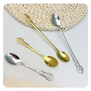 Stainless steel royal style vintage carved long handle coffee spoon detail and elegant design.