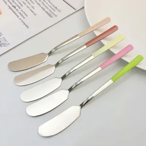 Stainless steel butter spreader knife set with colorful handles, ideal for jam, cheese, and bread.