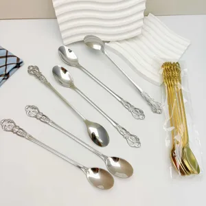 Stainless Steel Retro Palace Style Coffee Spoon Ice Spoon Long Handle Mixing Spoon Tableware Gold Silver Dinnerware
