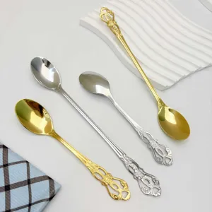 Stainless steel vintage long handle coffee spoon and dessert mixing spoon set, flat lay view