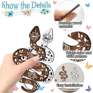 Wooden snake wall art detail showcasing durable material and vivid botanical patterns.