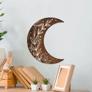Wooden crescent moon wall art decor with leaf pattern boho style home room hanging ornament