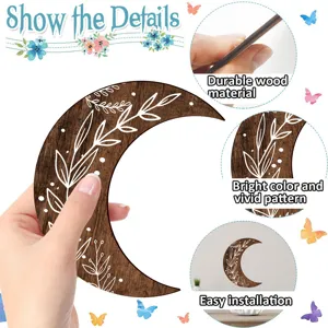 Bohemian wooden moon wall sticker with floral pattern for bedroom and living room decor.