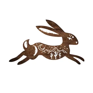 Wooden bohemian running rabbit wall sticker, hollow desert landscape home decor sign.