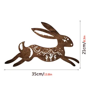 Wooden rabbit wall decor detail showing boho moon and cactus cutout design with size 35x21cm.