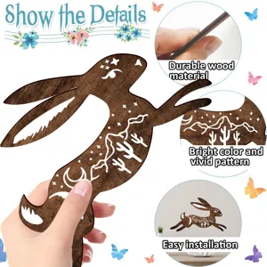 Bohemian wooden rabbit wall decor with moon and cactus patterns for home room decoration.
