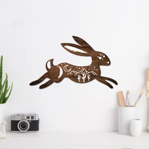 Wooden rabbit wall decor detail, bohemian style animal wooden sign for living room home.