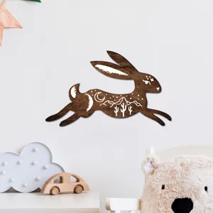Wooden rabbit wall art boho style home decor living room bedroom animal wooden plaque 1