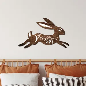 Bohemian wooden rabbit wall art sign, desert moon aesthetic wall decor for bedroom living room.
