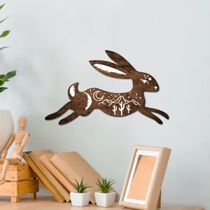 Bohemian wooden rabbit wall decor, desert cactus and moon carved sign for home living room.
