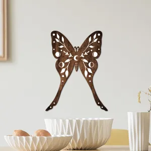 Boho wooden butterfly wall art with moon phase and leaf engraving for home decor.