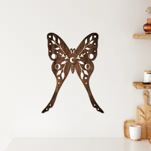 Bohemian wooden luna moth wall decor with celestial moon phases and botanical leaf patterns for home.