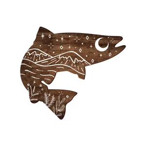 Detailed view of wooden leaping fish wall art featuring boho moon and mountain engravings.