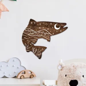 Boho wooden fish wall art for living room bedroom nursery home decoration and display.