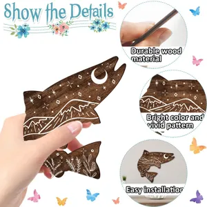 Wooden fish wall decor detail shot, boho style moon and mountain pattern, durable material.