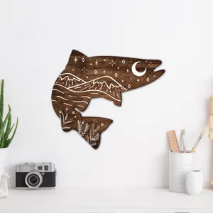 Wooden fish wall art decor, bohemian nature carved wooden sign for living room home interior detail.