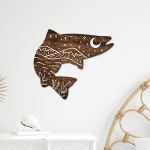 Wooden fish wall art with boho mountain moon design, perfect for living room and bedroom decor.