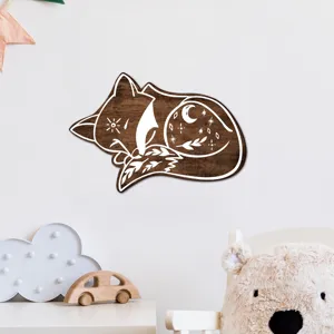 Wooden sleeping fox wall decor bohemian style nursery room animal hanging sign home art