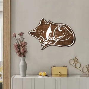 Bohemian wooden sleeping fox wall decor celestial art hanging sign for living room home.