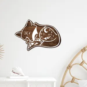 Boho wooden fox wall art hanging sleeping animal plaque for living room bedroom home decor
