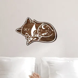 Bohemian wooden sleeping fox wall decor with celestial and botanical engraving for bedroom.