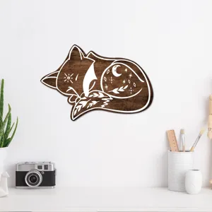 Bohemian wooden fox wall hanging with celestial moon and star pattern for home bedroom decor.