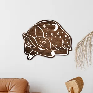 Bohemian wooden deer wall decor, celestial moon and stars carved hanging sign for bedroom.