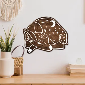 Boho wooden deer wall art with moon and star pattern for cozy home living room decoration.