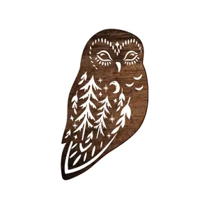 Bohemian wooden owl wall sticker, exquisite pine tree and moon carving, ideal home decor.
