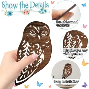 Wooden owl wall decor detail showing durable material, vivid boho pattern and easy installation.