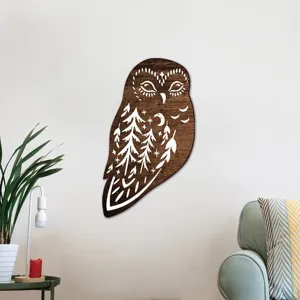 Wooden owl wall art detail showing boho forest carving, perfect for living room interior decor.