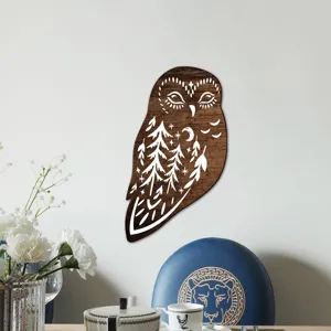 Wooden owl wall hanging with forest and star cutout design for cozy living room bedroom decor.