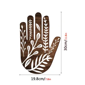 Wooden hand wall art decor with botanical leaf pattern, 30x19.8cm boho home decoration