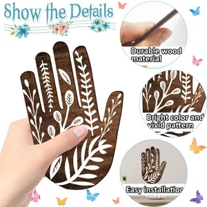 Bohemian wooden hand wall art decor with white leaf print, durable material and easy install.
