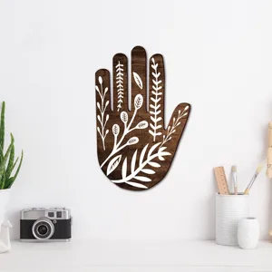 Wooden hand wall art carving bohemian floral decor detail view aesthetic home room hanging ornament