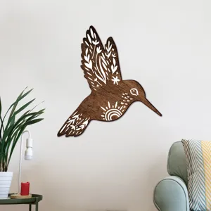 Wooden hummingbird wall decor with bohemian carved patterns for living room and bedroom home.