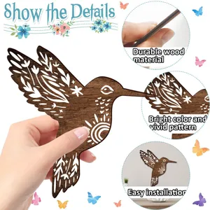 Wooden hummingbird wall art detail showing durable wood material, vivid patterns, and easy setup.