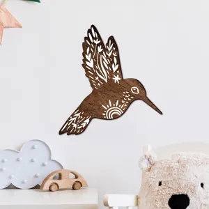 Wooden hummingbird wall decor detail view, bohemian style animal wooden sign for wall hanging.