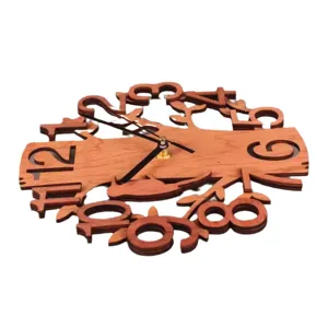 Modern creative wooden wall clock with forest tree and bird design for home decor.