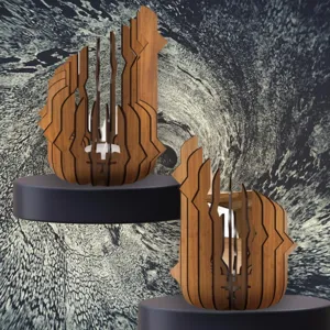 Detailed view of creative wooden tealight candle holder with lotus shape design for decor.