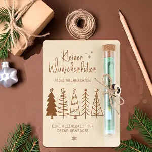 Weihnachts Geldgeschenk Holzkarte mit Glasröhrchen und Tannenbaum Dekoration festlich.